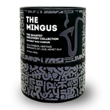 OLPHACTORY CANDLES. The Mingus from The Quartet Discovery Collection. Four 4oz. Matte Black Tins in the Tribal print design tube. Front view.